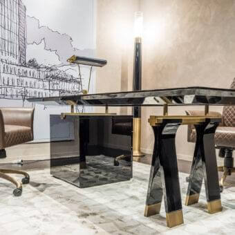 Superior OAK Kronos desk with glossy ebony finish, bronzed brass detailing and mirrored black cubic base construction