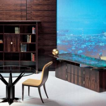 Distinguished OAK Chefren bookcase with shelves, a folding door, and a drawer in black lacquer with bronzed brass details