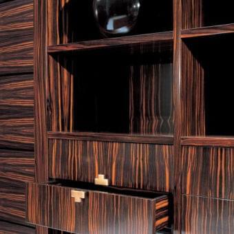 Distinguished OAK Chefren bookcase with glossy ebony finish, bronzed brass details and geometric open shelving