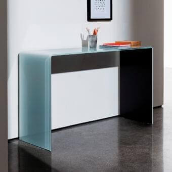 Exceptional Sovet Italia Bridge console with translucent greenish-blue tinted glass and white dark brown wood finish