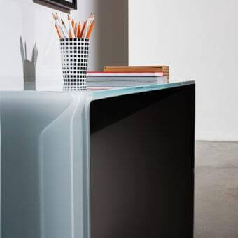 Elegant Sovet Italia Bridge console built in bent glass with a light blue-gray glossy side panel and clear glass tabletop
