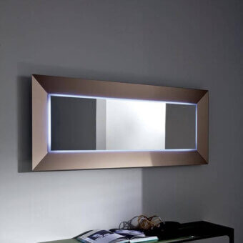 Exclusive Sovet Italia Denver mirror with aluminum and integrated LED lighting in satin warm gold finish