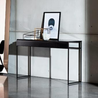 Sophisticated Sovet Italia Nido console with rectangular silhouette in black metal and glossy black lacquered glass