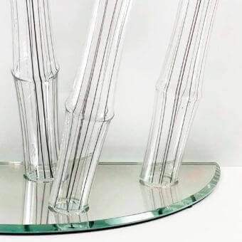 Captivating Reflex Bamboo console with black filigreed Murano glass tubes rising from a smoked mirror glass plinth and extra clear beveled glass top