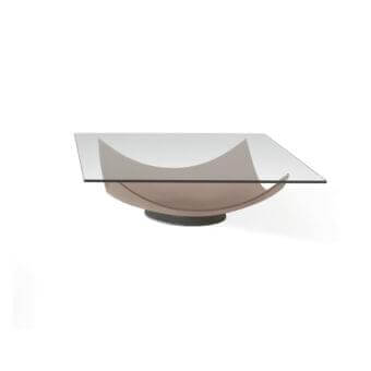 Exceptional Reflex Vela coffee table with tinted glass top and satin-finish curved brown lacquered glass base