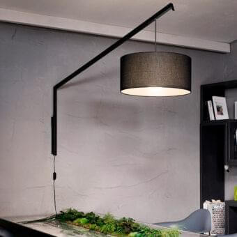 Superior Modo Luce Angelica wall lamp with a rotating cantilever arm and dark textile cylindrical lampshade crafted in painted metal