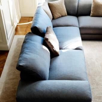 Distinguished Swan Italia Hamlet sectional with medium gray textile upholstery and beech-wood feet crafted in Italy