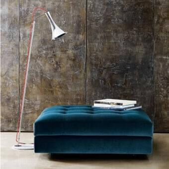 Superior Swan Italia Hemingway ottoman with matte teal textile upholstery and sophisticated tufted design