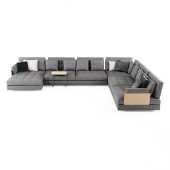 Superior Swan Italia Hemingway sectional with grey textile upholstery and light brown wood side table extensions