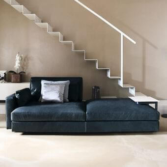 Distinguished Swan Italia Hemingway sofa with dark teal heavy cotton upholstery and chrome-plated metal details