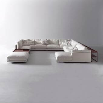 Exceptional Swan Italia Host sectional with light-colored fabric upholstery and integrated dark wood side tables