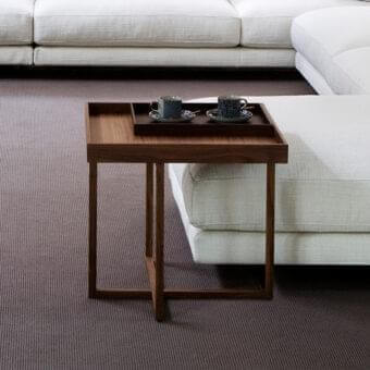Distinguished Swan Italia Match side table with Canaletto walnut frame and subtly raised tray-inspired tabletop in medium-brown finish