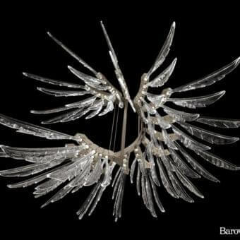 Exceptional Barovier&Toso Angel suspension lamp with a spiral of illuminated crystal plumage and glossy metal structure