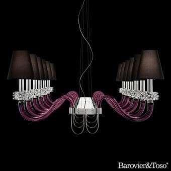 Distinctive Barovier&Toso Domo Amsterdam chandelier with curved purple glass arms and glossy silver-colored metal components crafted with black lampshades