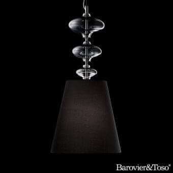 Elegant Barovier&Toso Eva suspension lamp with matte black textile and transparent glass components suspended by a glass metal cable system