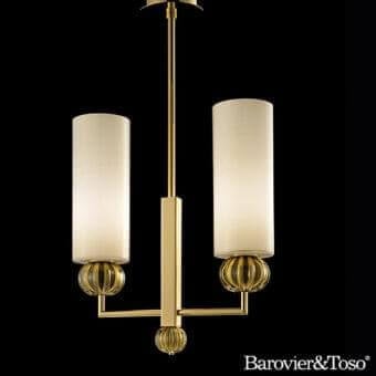 Elegant Barovier&Toso Gallia suspension lamp with golden metal and beige gold-speckled opaline glass cylinders exhibiting a polished finish