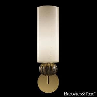 Elegant Barovier&Toso Gallia wall lamp in opaline beige and gold-speckled glass with polished brass base and dark textured glass sphere