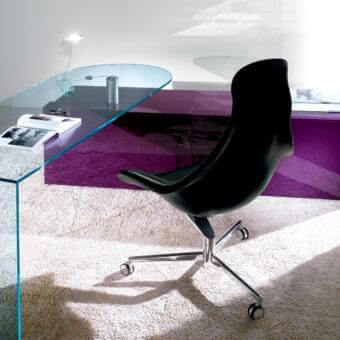 Elegant Reflex Zenith chair upholstered in sleek black synthetic fabric with a high-shine glossy finish and polished metal base