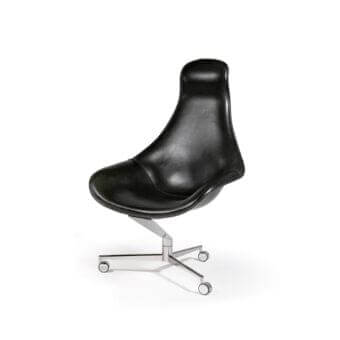 Sophisticated Reflex Zenith chair with continuous curved form and glossy dark synthetic material built with a reflective metal base