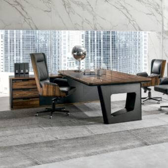 Sophisticated 4 Mariani Avatar desk crafted in black walnut wood with satin finish and geometric pedestal base
