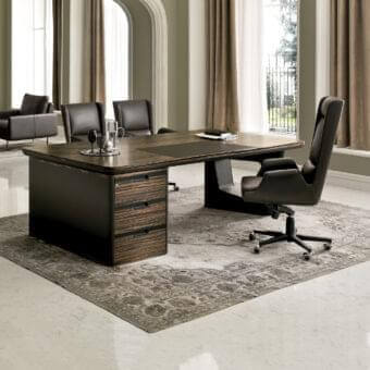 Sophisticated 4 Mariani Avatar desk with dark brown striped walnut wood tabletop and glossy leather inlay built with a pedestal base