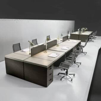 Superior 4 Mariani Blade desk with saddle leather desktop and darker wood grain cabinet finish