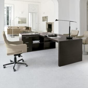 Elegant 4 Mariani Blade desk in dark wood with saddle leather accents and integrated cabinet shelving