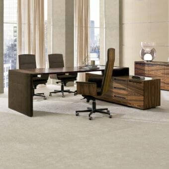 Elegant 4 Mariani Crossing Desk with rosewood wood and a satin finish, including a return cabinet with groove handles