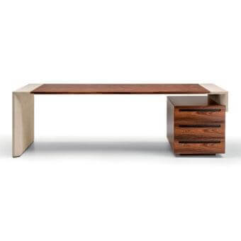 Executive desk, dark zebrawood veneer, with cantilevered beige composite base and three-drawer cabinet; minimalist design, studio shot.