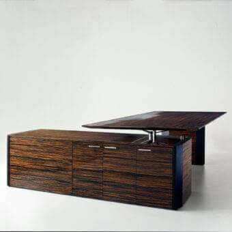 i4m de symetria desk, dark wood and metal, rectangular cabinet with three zebrawood veneer doors and adjustable tabletop.