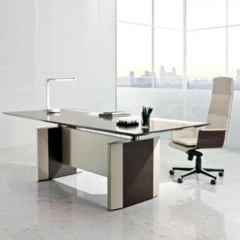Elegant 4 Mariani De-Symetria desk with dark veneered wood, polished chrome steel, and saddle leather detailing in a satin finish