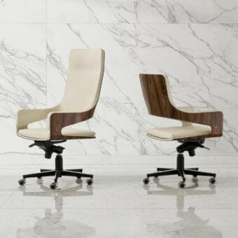 Distinguished 4 Mariani Silhouette armchair with dark brown satin wood shell and light beige fabric upholstery with a black metal swivel base