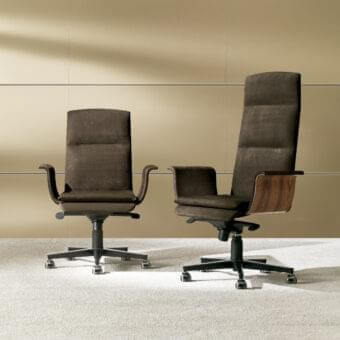 Distinguished 4 Mariani Wing armchair with dark brown woven textile upholstery and a metallized-black swiveling base