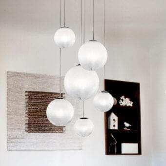 Exclusive Vistosi Puppet suspension lamp crafted in translucent white blown glass with silver-toned metal rods and original ‘dégradé’ finish