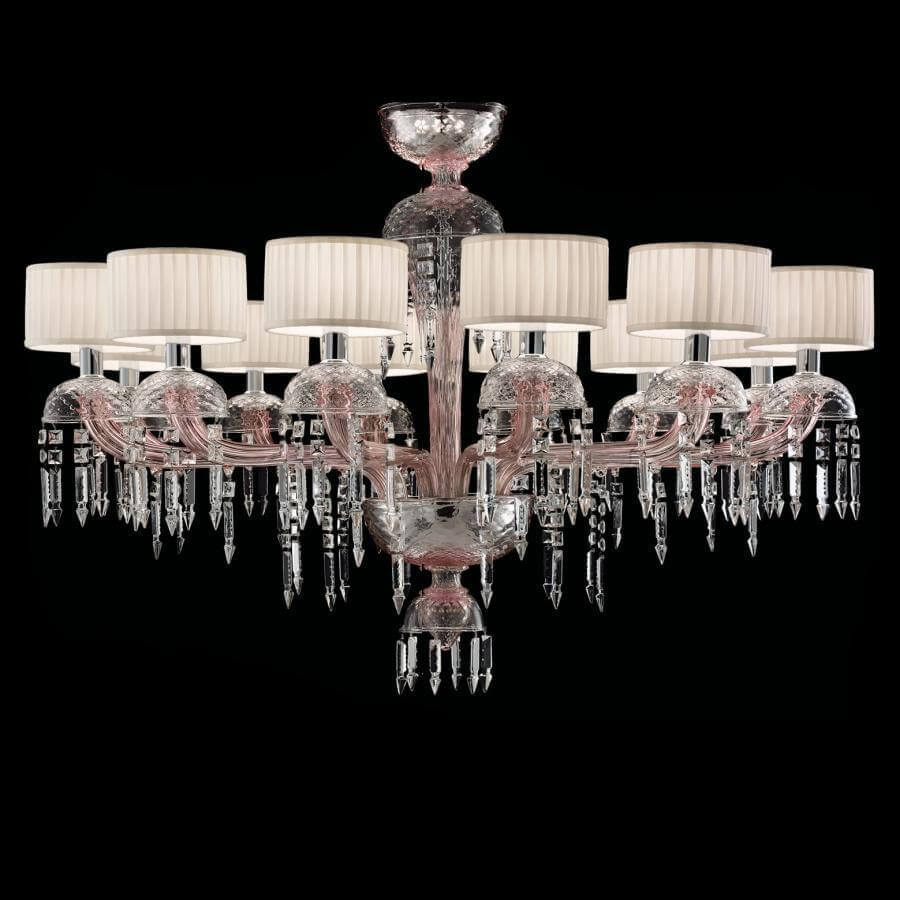 Chandelier, Murano glass and crystal, elongated stem with twelve cream pleated shade fixtures and silver framework.