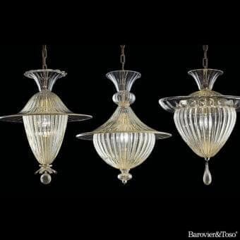 Superior Barovier&Toso Fanali Veneziani suspension lamp with amber-toned fluted glass and metallic chain construction