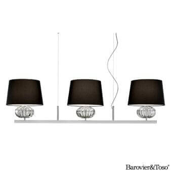 Distinguished Barovier&Toso Matrioska suspension lamp with linear lights and faceted glass bases in matte black textile shades with chrome-plated steel