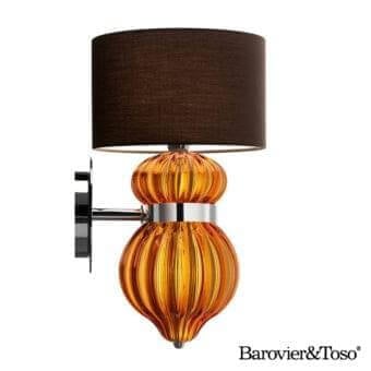 Distinguished Barovier&Toso Medina wall lamp with warm amber ribbed glass, dark brown matte fabric, and polished chrome support