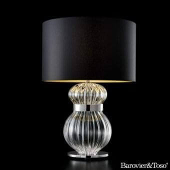Elegant Barovier&Toso Medina table lamp with transparent fluted glass and matte black textile lampshade crafted with a polished metal band