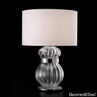 Exceptional Barovier&Toso Medina lamp with clear glass base and silver-toned ring supporting a cylindrical white lampshade