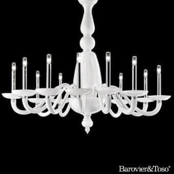 Elegant Barovier&Toso Palladiano chandelier crafted in glossy white glass with decorative spheres and gracefully curved arms