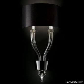 Distinguished Barovier&Toso Pandora wall lamp with gracefully twisting clear glass arms and dark textile shade crafted in polished metal