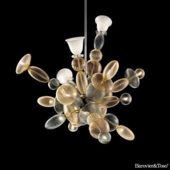 Exceptional Barovier&Toso Perseus suspension lamp with clustered glass elements in amber, clear, and smoky gray tones and a chromed frame