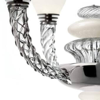 Exceptional Barovier&Toso Pigalle chandelier with twisted clear glass arms and white diffusers crafted with chromed spot dissipaters