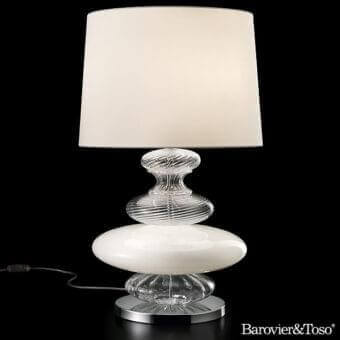 Distinguished Barovier&Toso Pigalle table lamp with curvilinear form in clear and white glass, set upon a chromed base and light cream textile lampshade