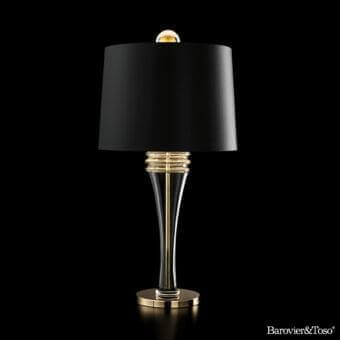 Elegant Barovier&Toso Rive Gauche table lamp with galvanized gold base, transparent glass column and matte black textile lampshade