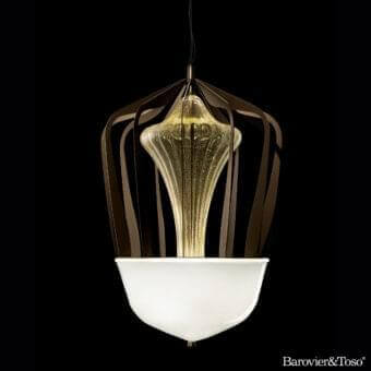 Captivating Barovier&Toso Robin suspension lamp with a golden hand-blown glass element and dark satin metal cage