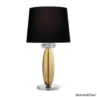 Captivating Barovier&Toso Rotterdam table lamp with a golden body, black lampshade and polished silver metal base crafted in “rostrato” crystal