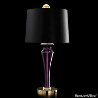 Distinguished Barovier&Toso Saint Germain table lamp with hand-blown Murano glass base and sleek black cylindrical lampshade in gold accents