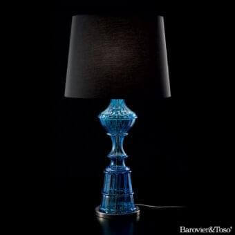 Exceptional Barovier&Toso Samurai lamp with vibrant blue Murano glass base and satin metal, topped with a matte black lampshade